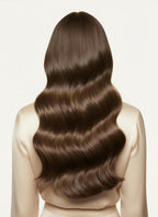 Person with long, wavy brown hair on a plain background