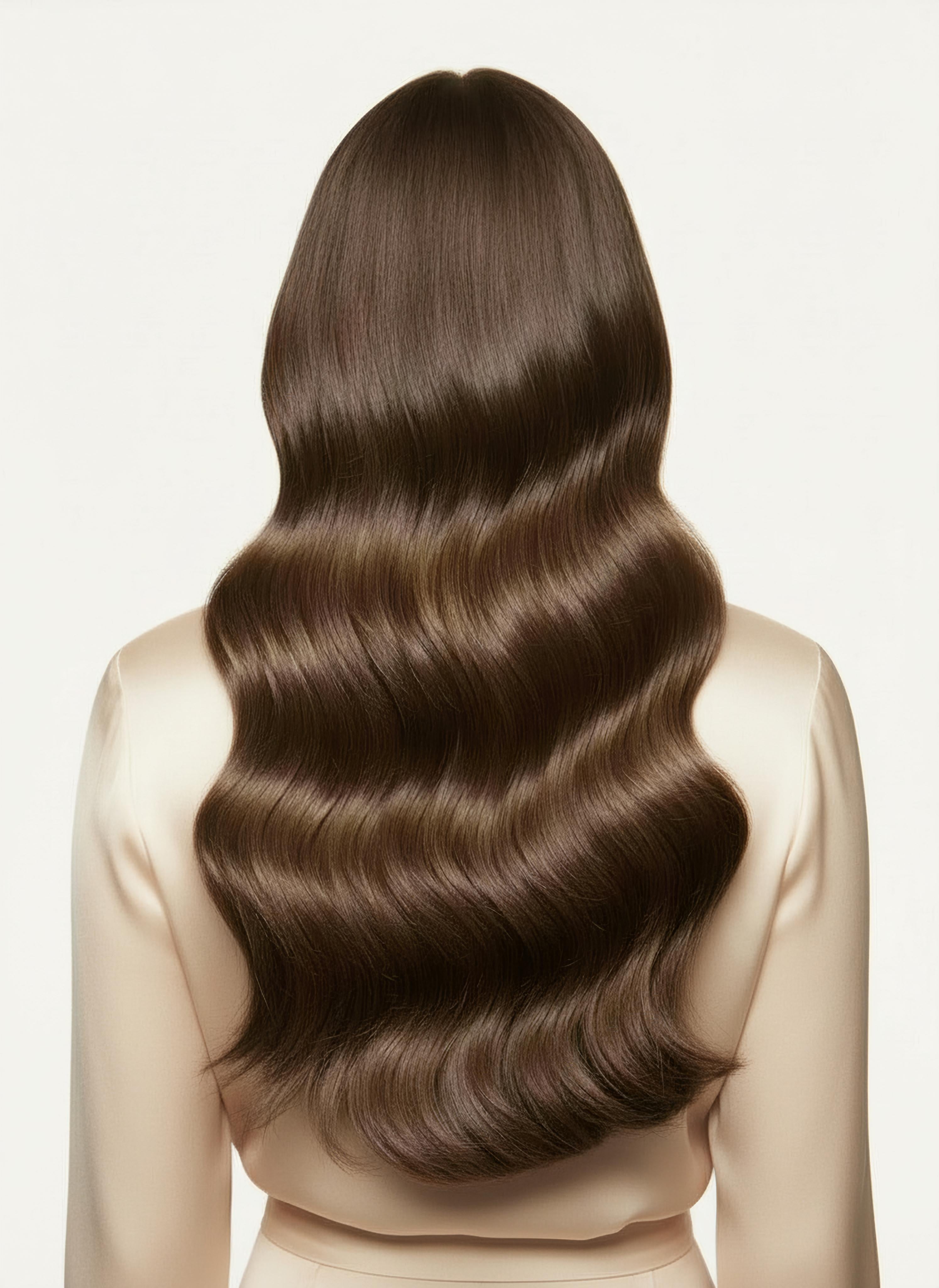 Person with long, wavy brown hair on a plain background